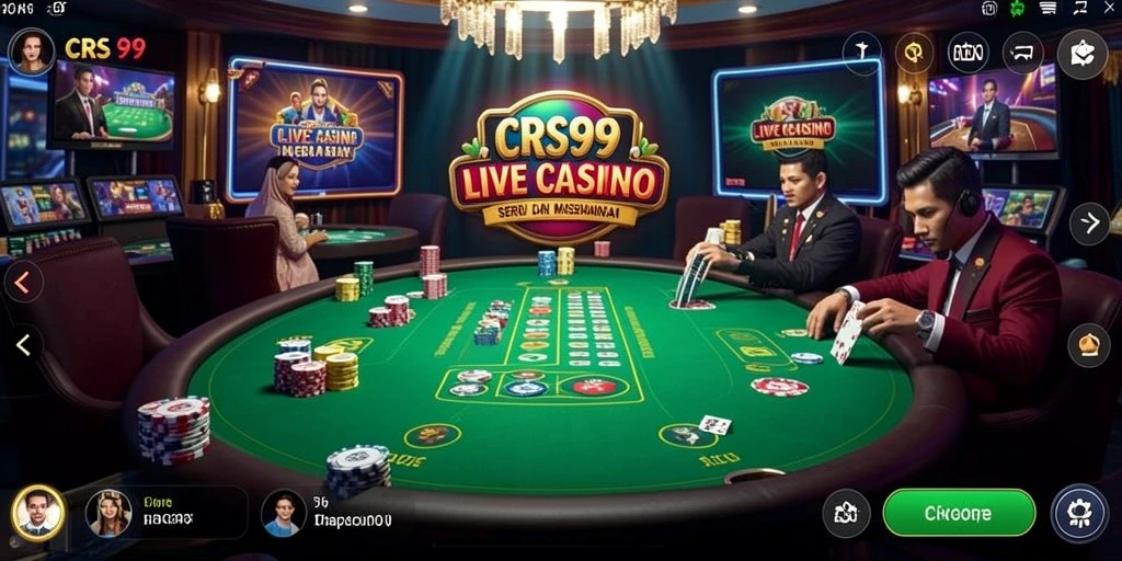 Tampilan gambar utama CRS99 menampilkan dealer live yang profesional di meja kasino.