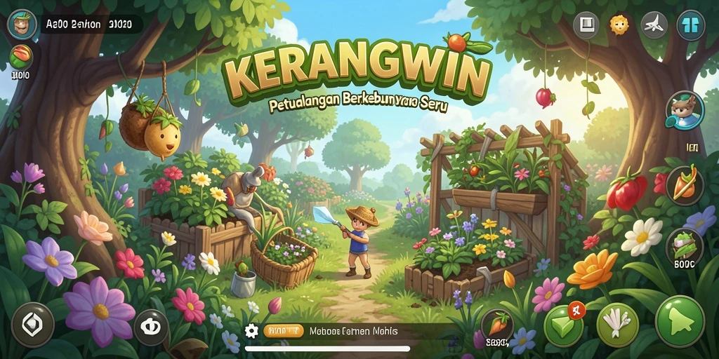 Tangkapan layar dari gameplay KERANGWIN menampilkan kebun yang indah dan berwarna-warni.
