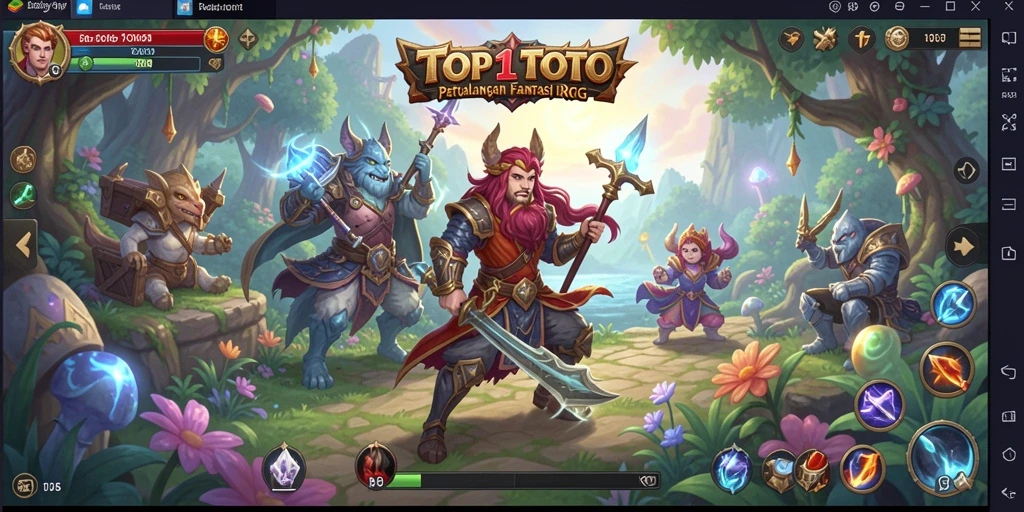 Screenshot gameplay TOP1TOTO menampilkan karakter bertarung di dunia fantasi.