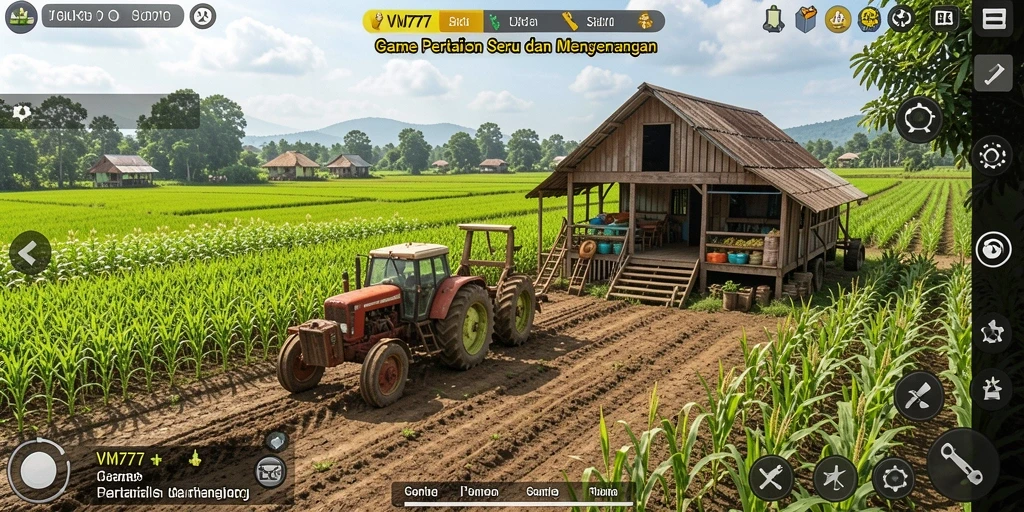 Tangkapan layar VM777 menampilkan suasana pertanian yang ceria dan penuh warna.
