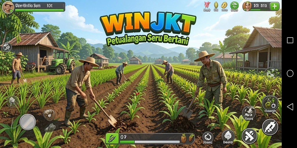 Tangkapan layar gameplay WINJKT yang memperlihatkan ladang yang subur dan hewan peliharaan.