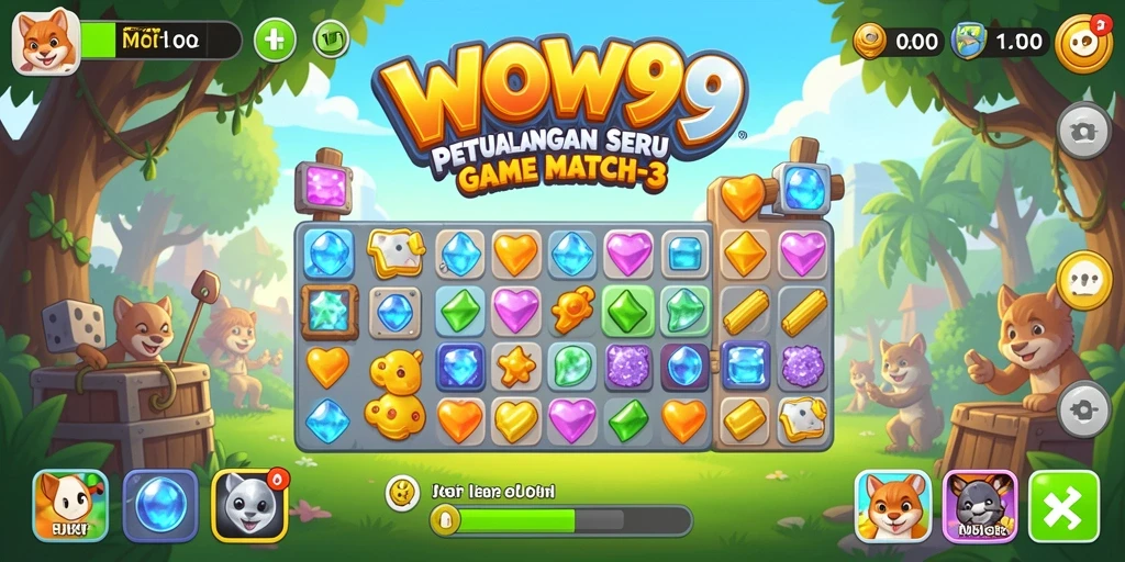 Gameplay WOW99 dengan warna-warna cerah dan tantangan seru Match-3.