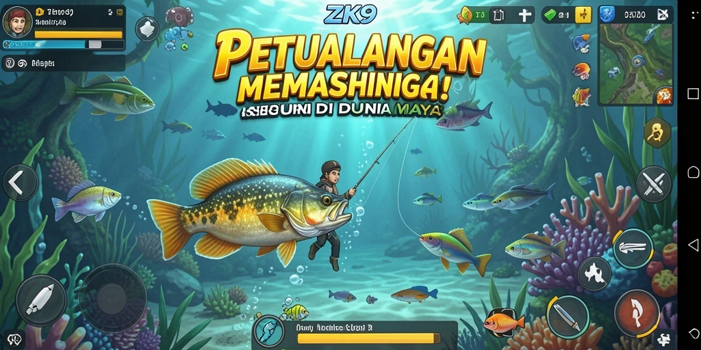 Screenshot gameplay ZK9, menunjukkan petualangan memancing yang seru.